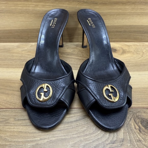 GUCCI GG Mules Heels Womens 9 EU 39 Black Pebble Leather Sandals - Picture 2 of 14